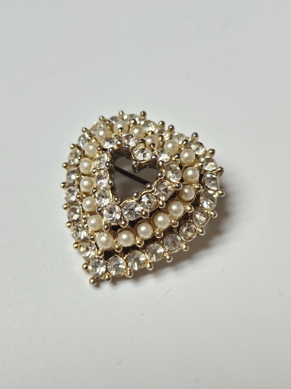 Gold Heart Brooch with Pearls and Clear Crystals
